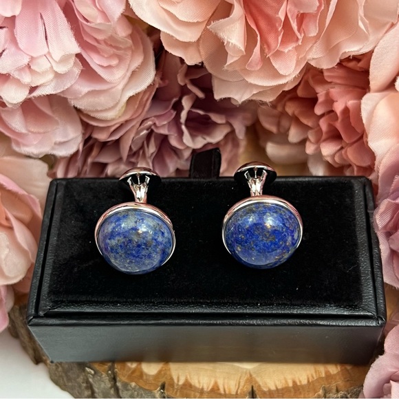 Elegant Round Blue Lapis Lazuli Cufflinks - Picture 15 of 17
